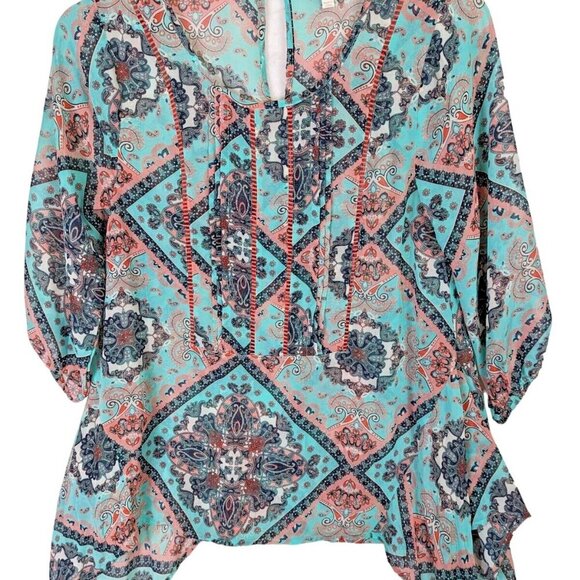 Umgee Boutique Women size S Aqua Green Pink Boho Cute Spring Tunic Top Blouse - Picture 1 of 10